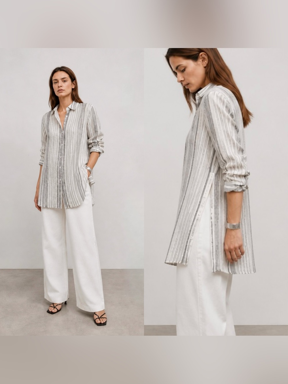 NWT Lafayette 148 linen button down stripe shirt with side button detail